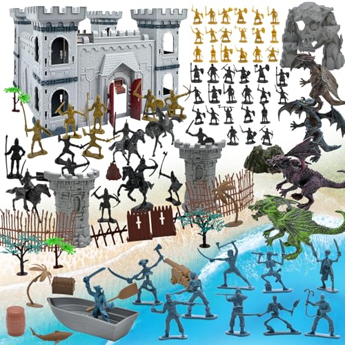 Plustopoy Medieval Castle Toy for Boys: DIY Castle Building Set with Knights Map Soldiers and Dragon Toys Medieval Knight Army Men Pirate Castle Model Assembly for Kids Boys Birthday Gift