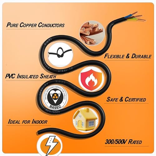 LampStation 3183Y 3 Core 0.75mm 240V Black Round Flex Cable - PVC Electrical Wire for Indoor Appliances & Extension Leads - BASEC Approved - BS EN 50525-2-11-15 Metres - Image 2