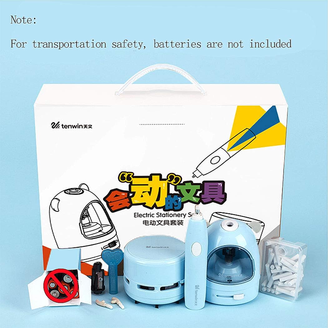 Electric Pencil Sharpener Stationery Set Gift Box Desktop Vacuum Cleaner Electric Eraser with Replacement Blade, Eraser, Battery Operated Automatic Sharpener, Blue
