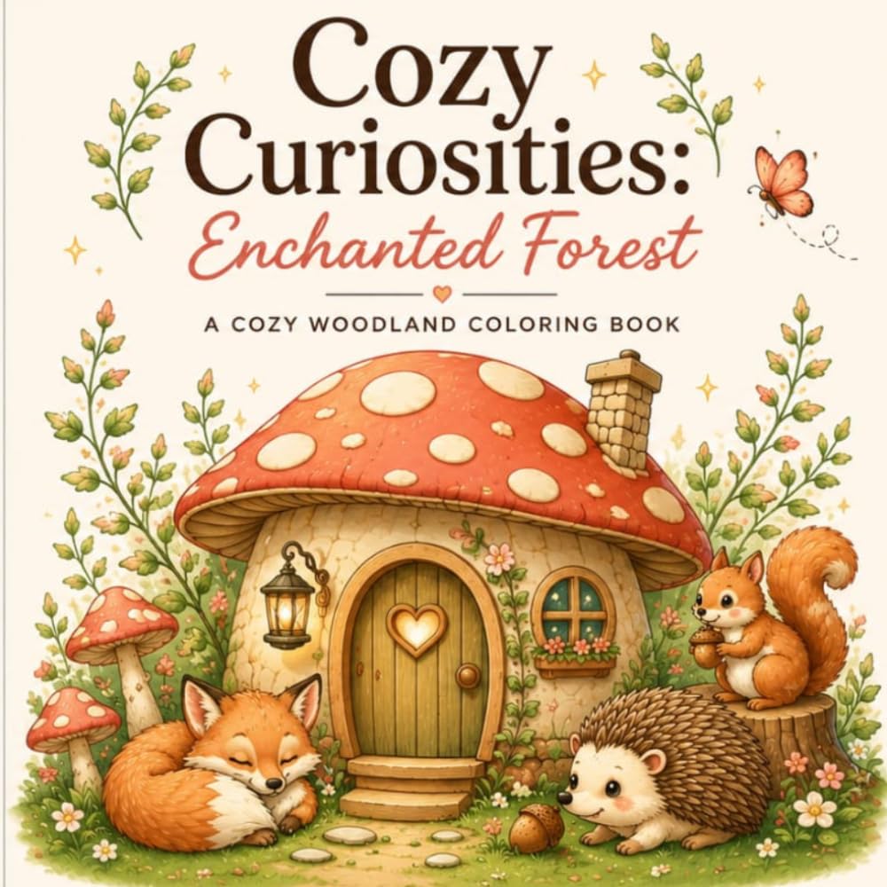 Cozy Curiosities: Enchanted Forest: A Cozy Woodland Coloring Book for Adults & Teens Featuring Cute Forest Animals, Mushroom Cottages & Relaxing Nature Scenes