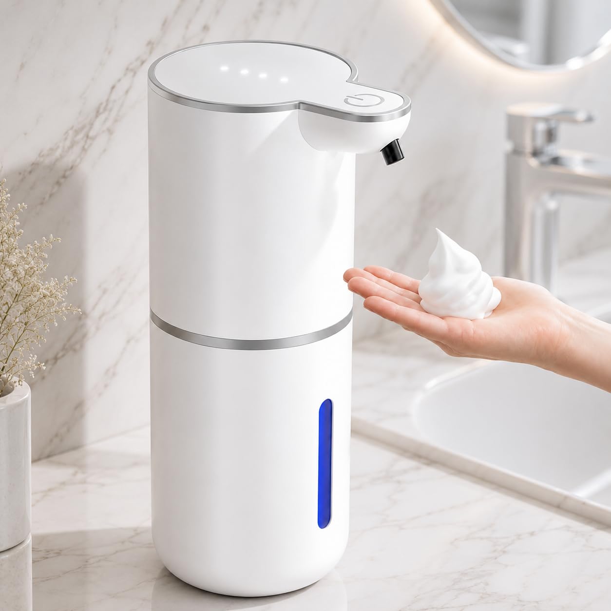 Amyzavls Seifenspender Automatisch für Schaum, Wandbefestigung Berührungslos Elektrischer Seifenspender mit Sensor, 4-stufige, USB Wiederaufladbar, 380ml, für Bad, Küche und Toilette, Perlweiß