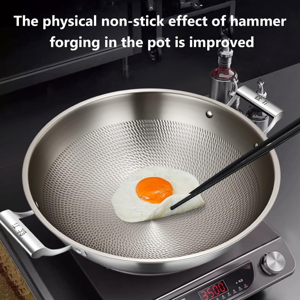 Titanium Hammered Wok with Double Handles, 2026 New Multifunctional Ultra-Durable Scratch-Resistant Non Stick Even Heating Titanium Wok for Cooking,With lid,17.72IN