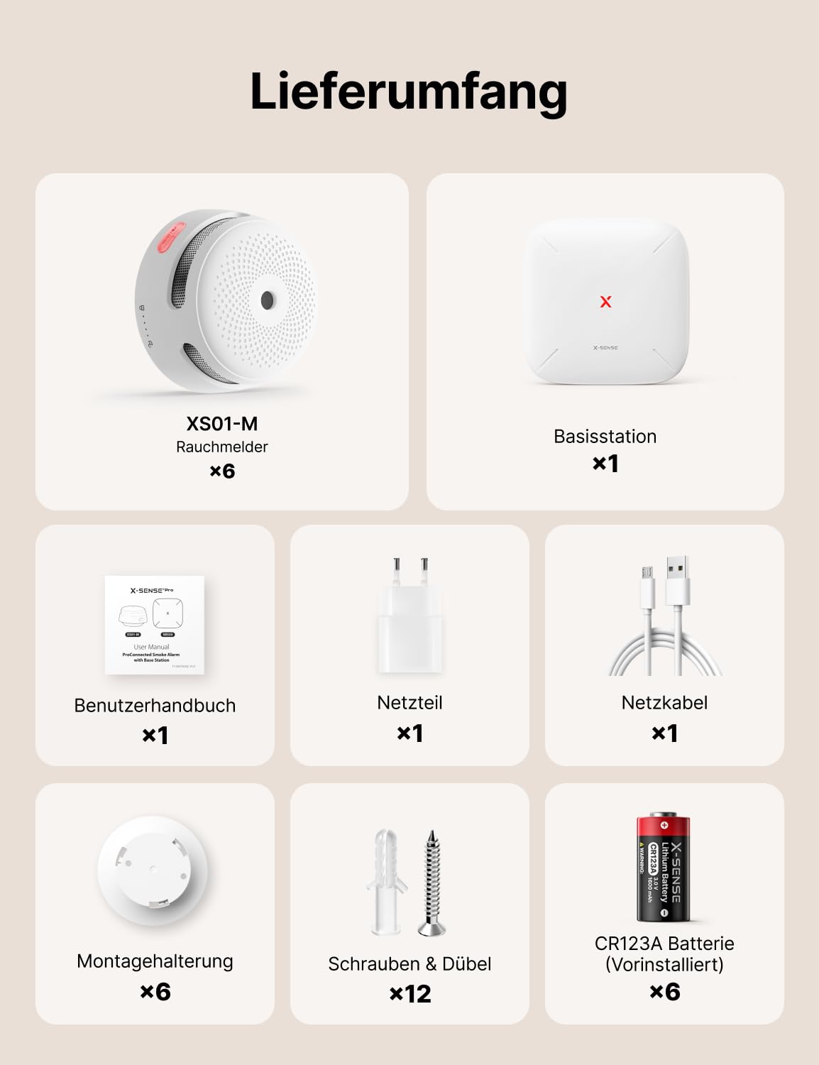 X-Sense Smart Rauchmelder XS01-M mit SBS50 Basisstation, Zertifiziert nach EN 14604, vernetzbare Funkrauchmelder mit WLAN, kompatibel mit der X-Sense Home Security App, weiß, FS61, 6 Stück