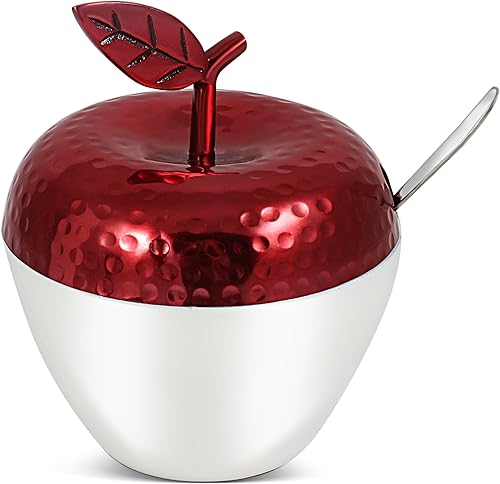Zion Judaica Rosh Hashanah - Plato de miel con forma de manzana, cubierta de metal martillado plateado con impresionante tarro de miel recubierto de