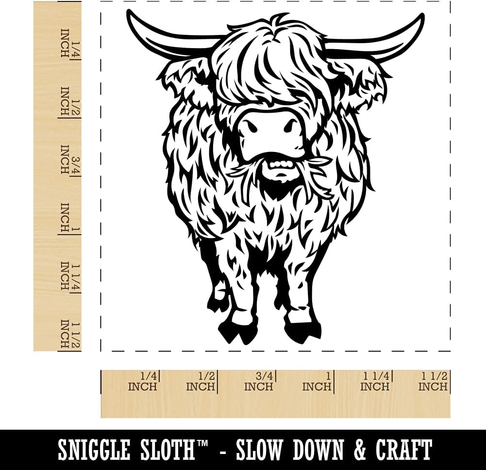 Shaggy Highland Cow Eating Grass Self-Inking Rubber Stamp Ink Stamper - 1-1/2 Inch Large - Blue Ink