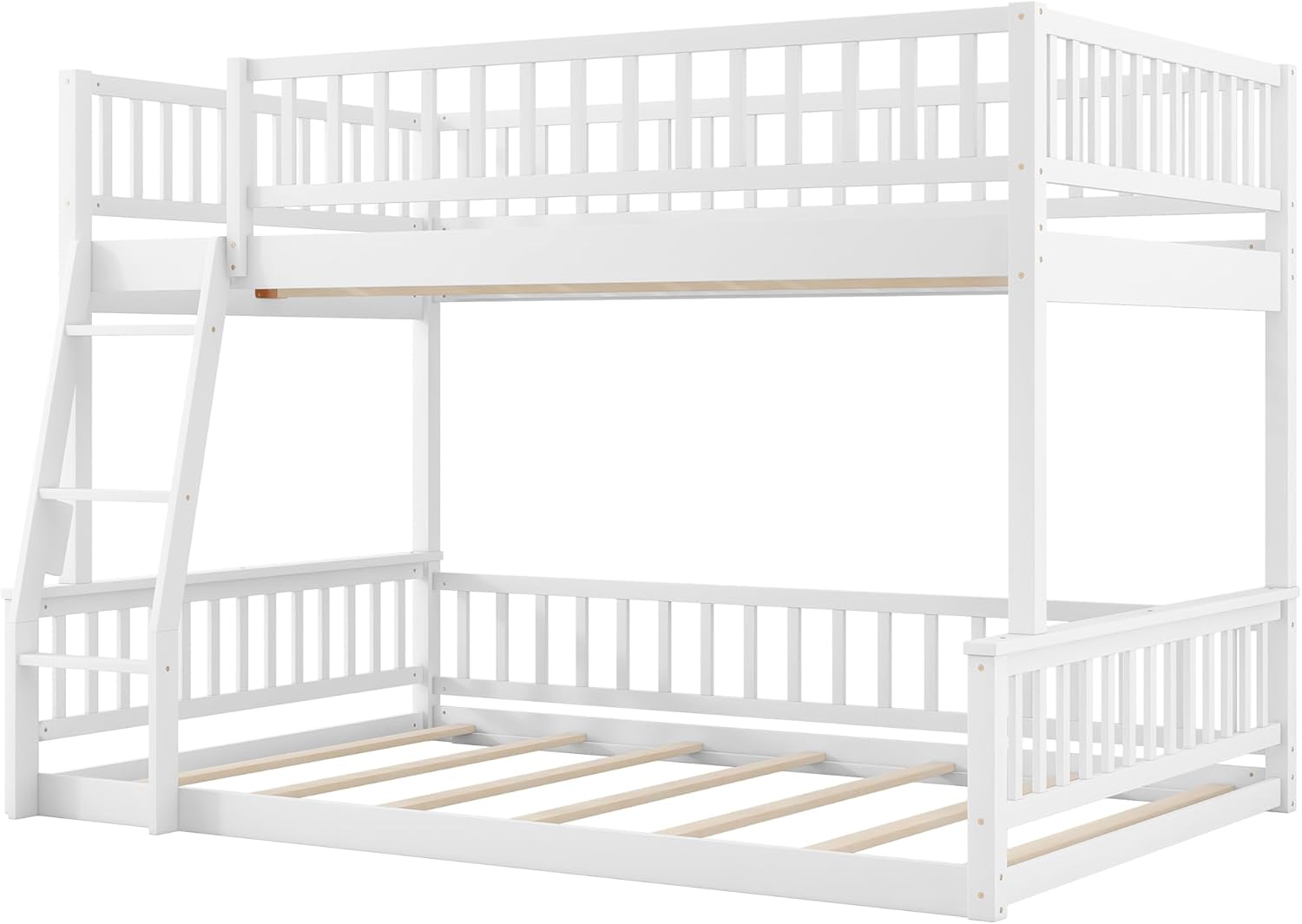 Merax Full XL Over Queen Floor Bunk Bed, Kids Bunk Beds Frame with Ladder & Guardrail, Space-Saving Bedframe Convertible to 2 Separated Frames for Bedroom, Wood Slat Support, Easy Assembly, White