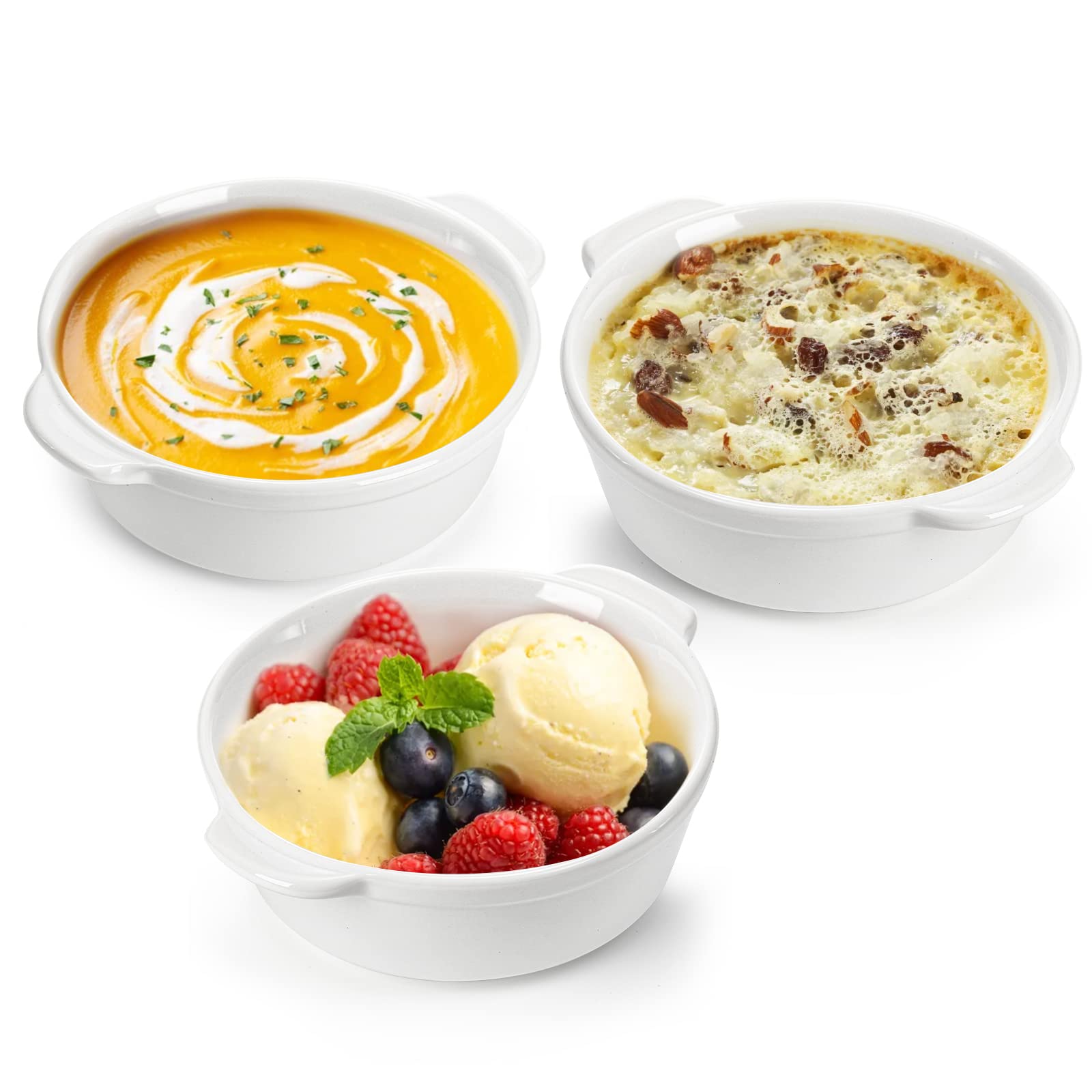 Foraineam Paquete de 6 platos de porcelana de 10 onzas con doble asa redonda Ramekins para hornear pudín, crema brulee, soufflé