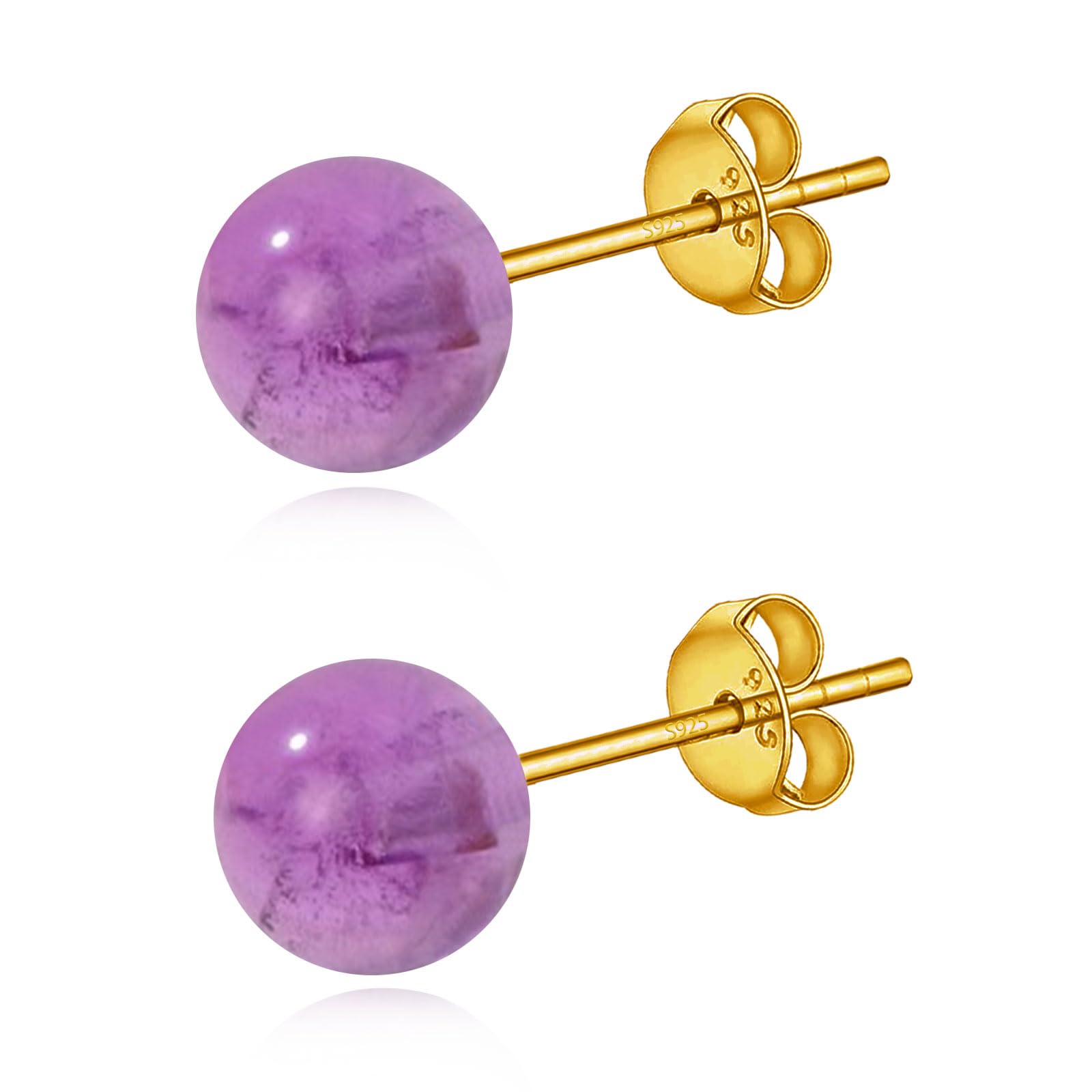 6mm Amethyst Ohrstecker für Damen, 925er Silber Natürliche Edelstein Kugel Perle Ohrringe, Hypoallergene 18K Vergoldete Echter Edelstein Schmuck Geschenk für Valentinstag Muttertag Geburtstag
