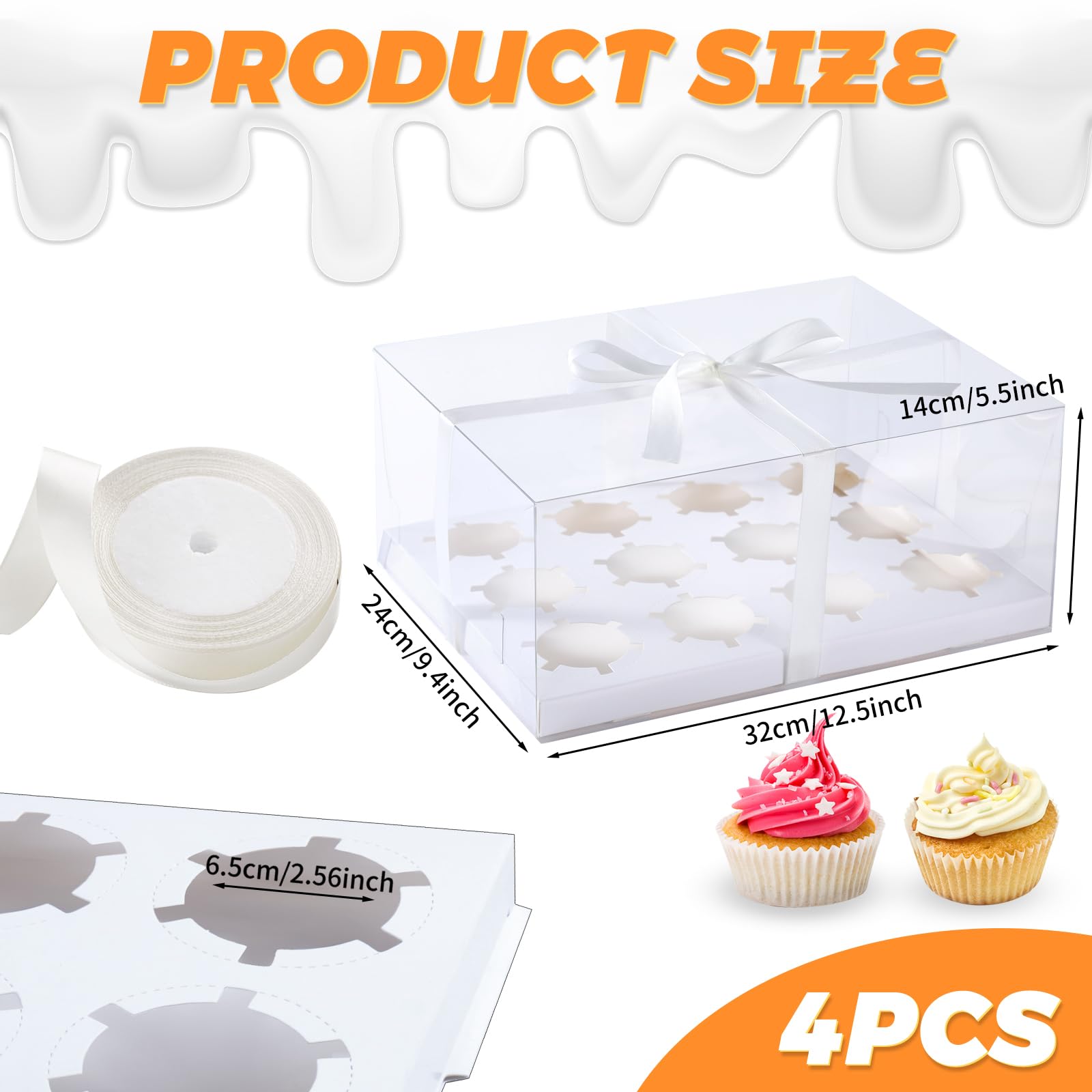 JCD 5.5inches height 4 Sets x 12 Counts Cupcake Containers Clear Plastic Cupcakes Box 12 Holders Dozen Cupcake Boxes, Disposable Cupcake Carrier Holder with Detachable Lid, BPA Free(12count/4pcs)