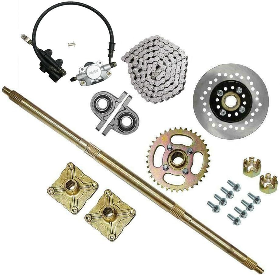 32" Rear Axle Kit with Steering System & 16x8-7 Wheels – Live Axle with 428 Chain Sprocket, Brake Disc, Pillow Blocks, Tie Rod Gear Rack Shaft, Steering Wheel & Hubs for Go Kart ATV Quad Drift Trike