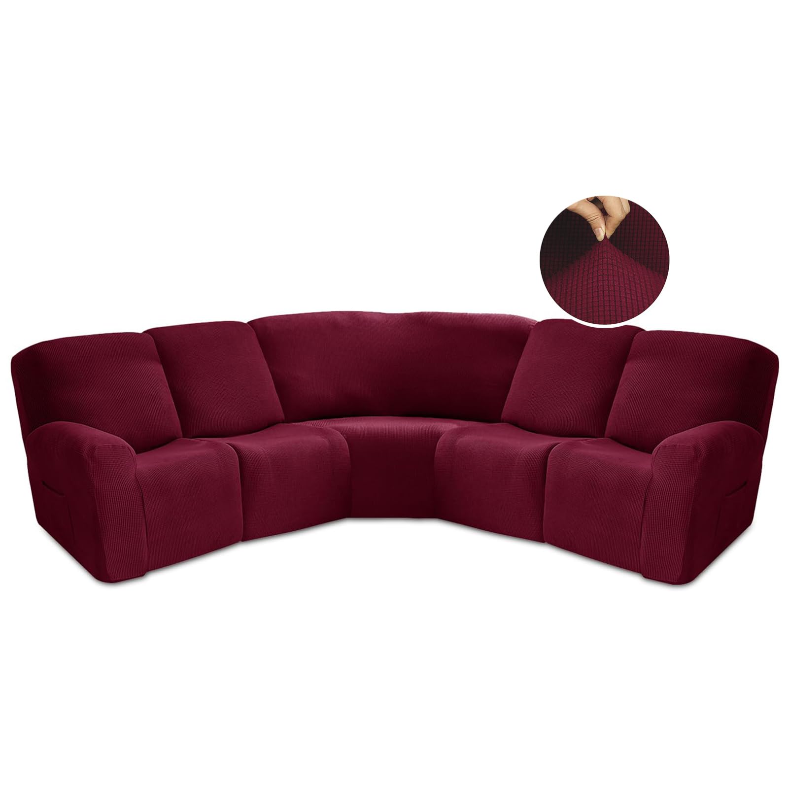 JUNLEBUYI Recliner Slipcover, L Shape Sectional Recliner Sofa Covers, 5 Seater Jacquard Stretch Reclining Couch Covers for Reclining L Shape Sofa, Thick, Soft, Washable (Wine Red)