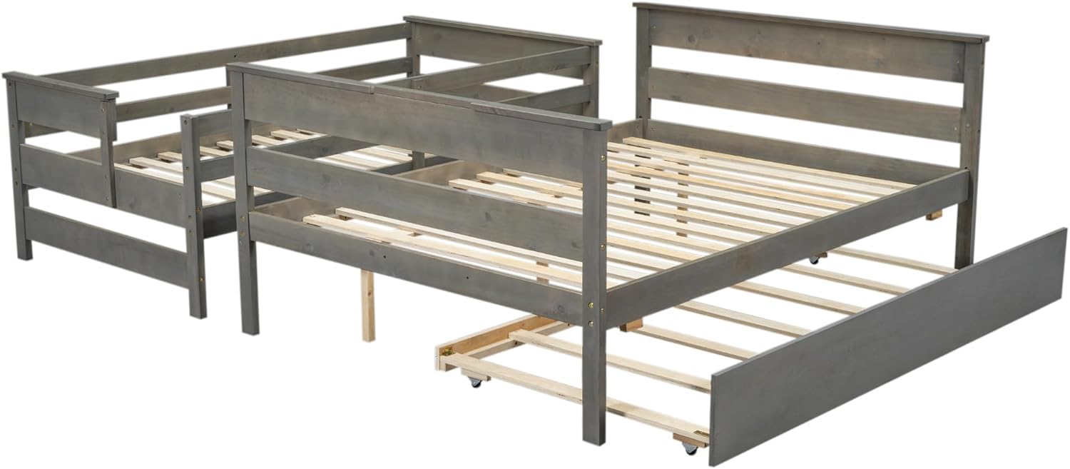 Linique Twin Over Full Bunk Bed with Twin Size Trundle, Wooden Bed Frame with Ladder and Guardrail, Separated into 3 Beds, Spring Box Not Required, Grey