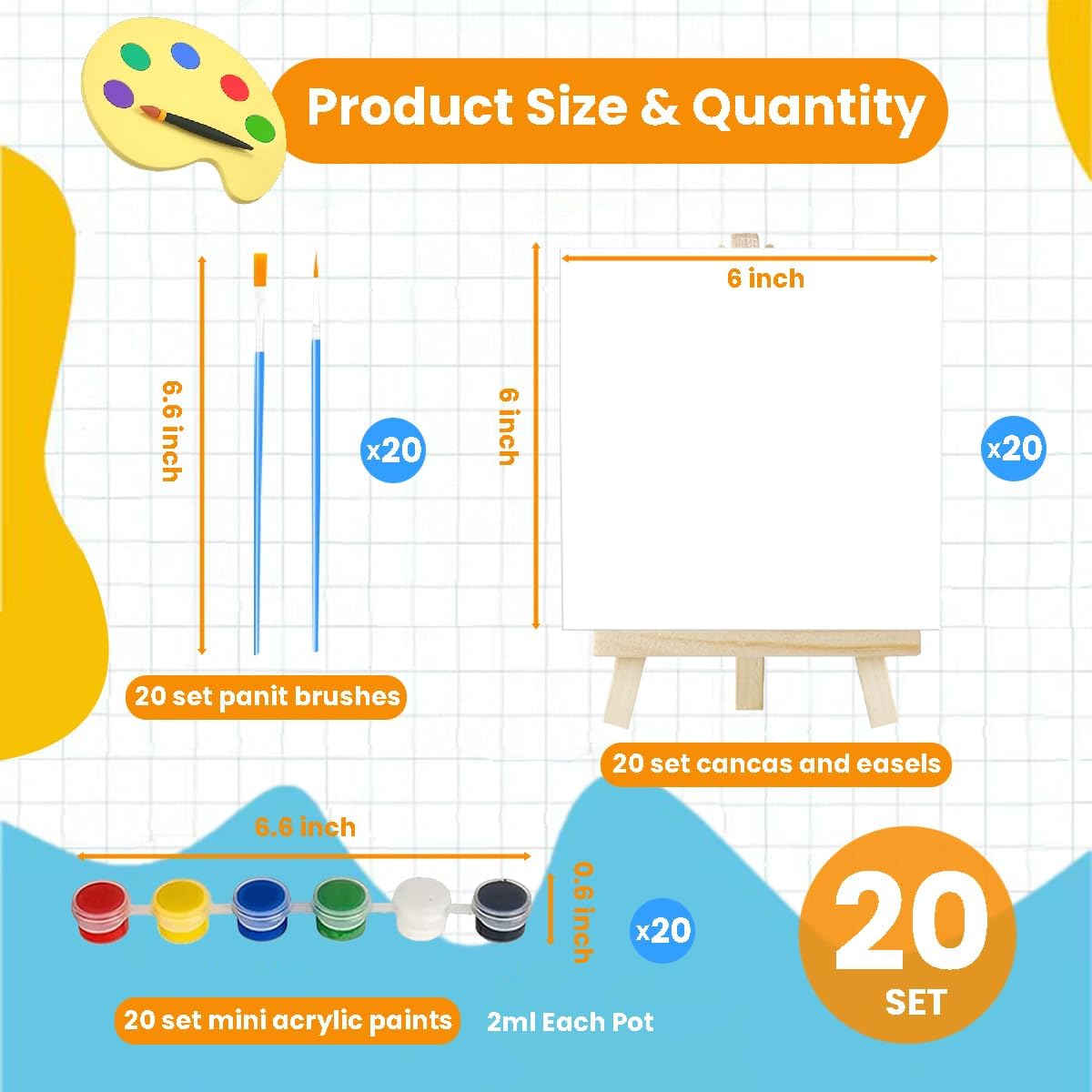 20 Pack 6 x 6 inch Mini Canvas and Easel Set, Mini Canvases for Painting with Wood Easels, Acrylic Paints, and Brushes, Small Canvas Painting Kits for Adults Students Beginners