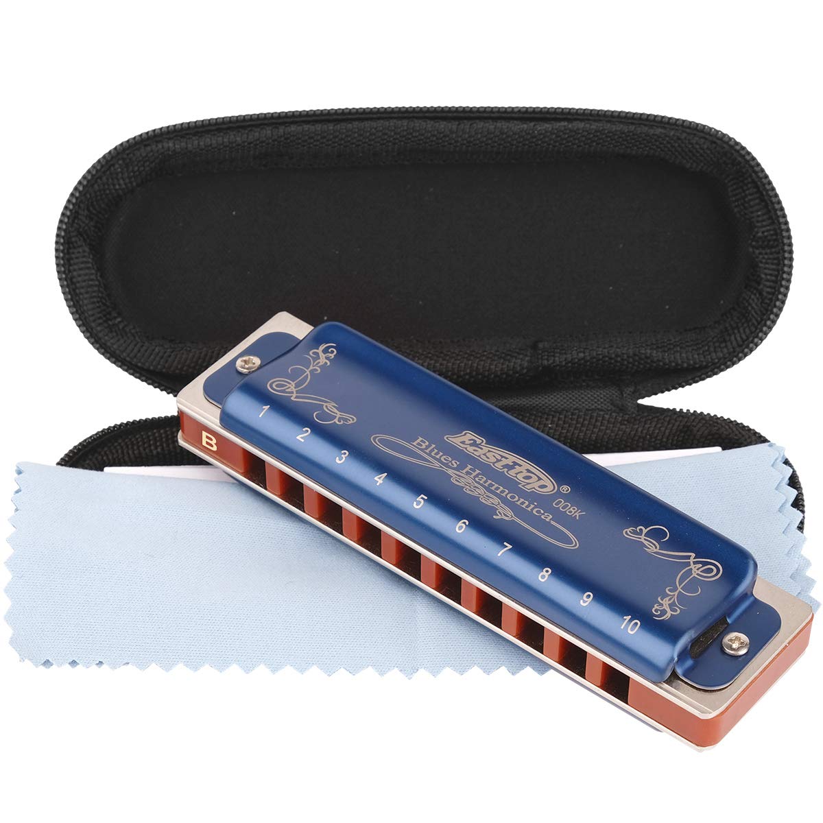 Professional Harmonica Blues Key of B 10 Hole 20 Tone Heavy Duty with Case & Cleaning Cloth for Professional Player, Beginner, by Eison-East Top,Blue,Best Gift