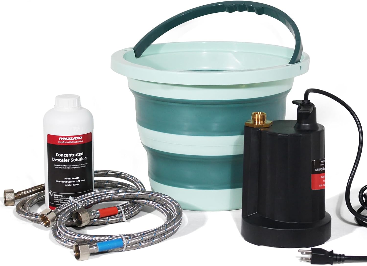 MIZUDO Tankless Water Heater Flushing Kit, with 3.7 Gallons Foldable Bucket, 1/6HP Submersible