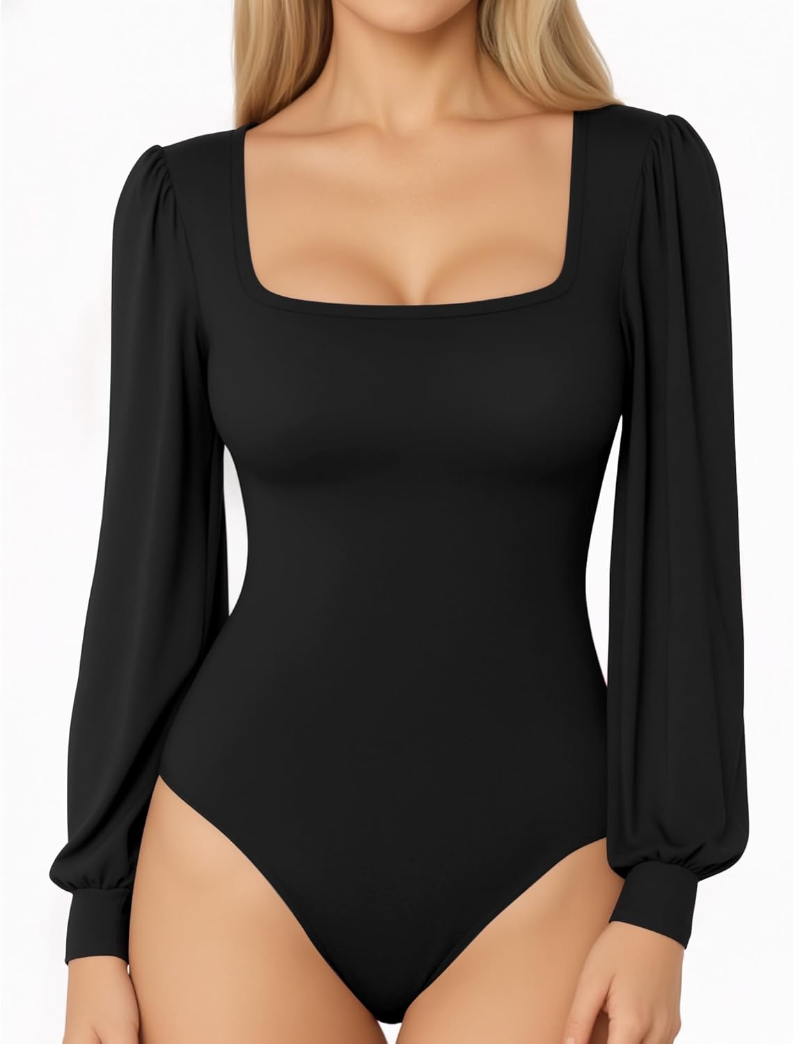 MANGOPOP Square Neck Puff Sleeve Bodysuit Loose Lantern Long Sleeve Body Suit for Women for Going Out - Image 2