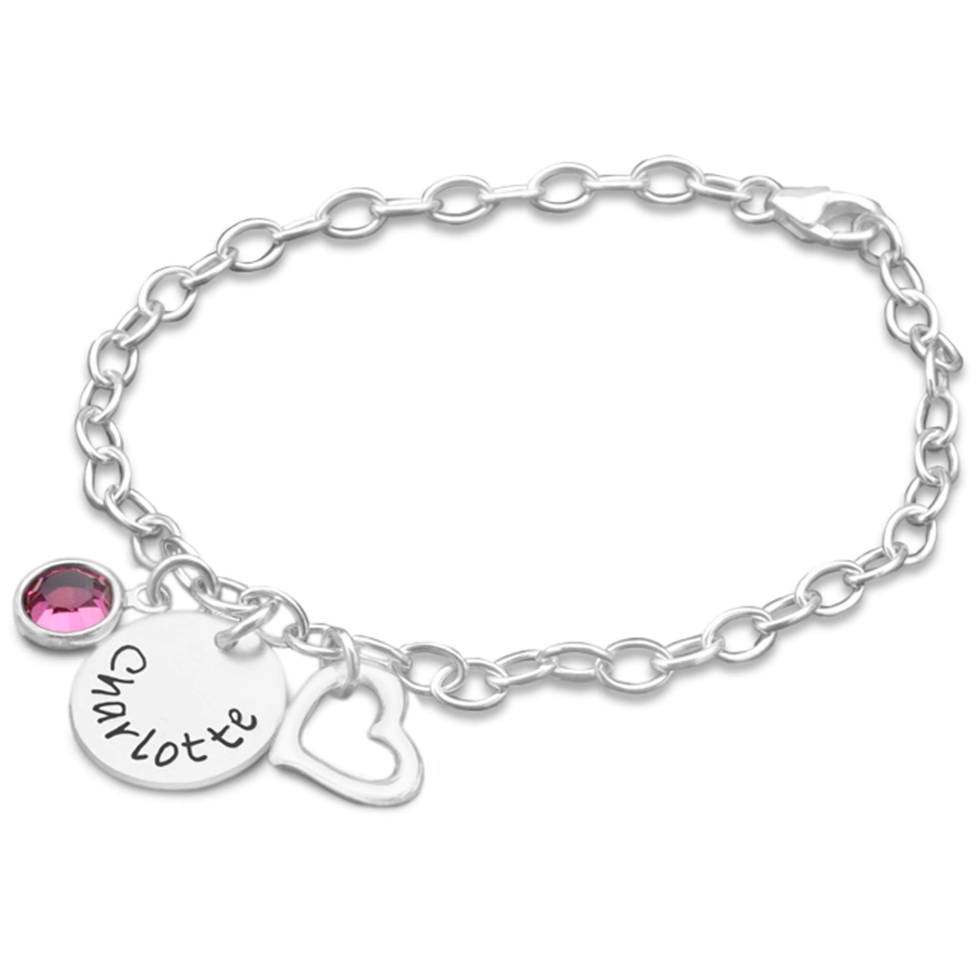 Armband Mädchen personalisiert Anhänger HERZ KRISTALL 925 Silber Kinderarmband Kinderschmuck mit Gravur Name Geburtsstein