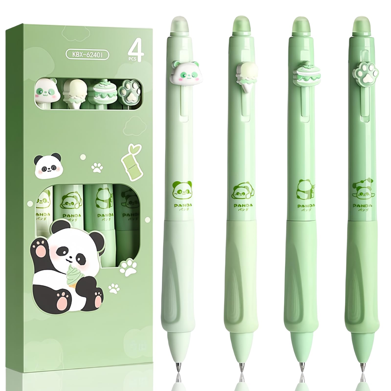Boligrafos Borrable de Animales 4 Unidades - Temas Panda , Pata , Helado , Pastel - Tinta Azul Termosensible - Punta de 0,5 mm de Diámetro-bola en el extremo para quitar la tinta - Boli Borrable Azul