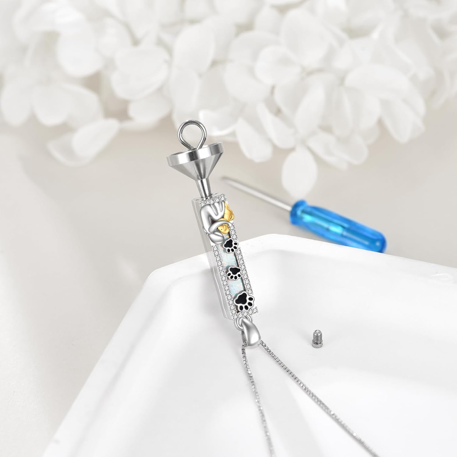 Dog Urn Necklace for Ashes Sterling Silver Bar Opal Animal Keepsake Pet Memorial Pendant Jewelry Gift for Women Men