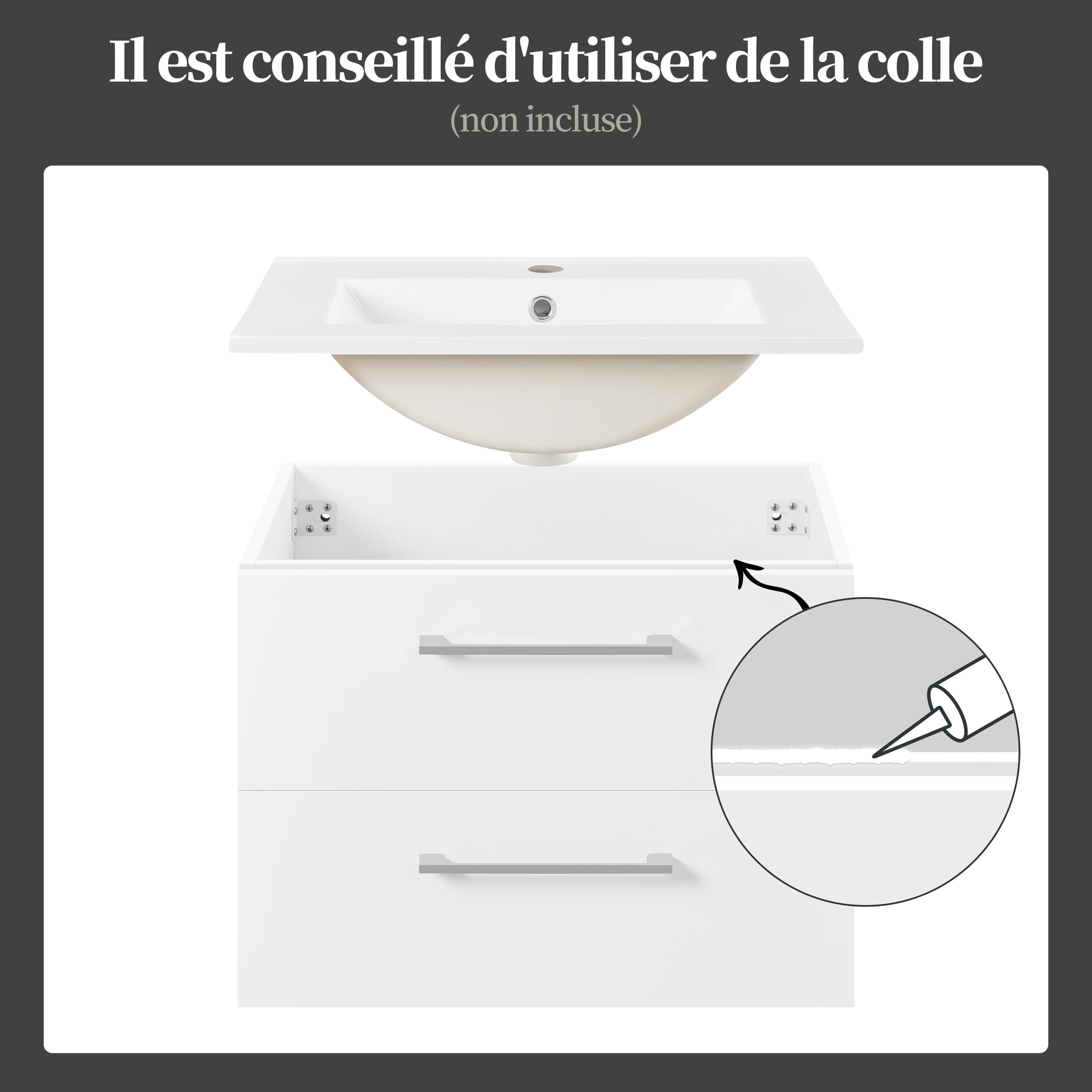 Yaheetech Meuble Salle de Bain avec Vasque Suspendu, Vasque Salle de Bain en Céramique, Meuble Lave Main WC, 61 × 39,5 × 45,5 cm, 2 Tiroirs, Désign Simple Moderne, Blanc