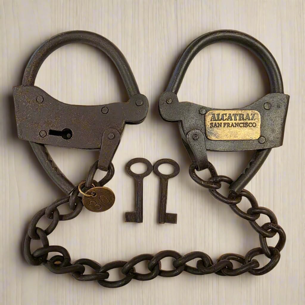 Alcatraz Prison San Francisco Iron Adjustable Handcuffs with Chain Serial Tag and Antique Finish (23" Long)