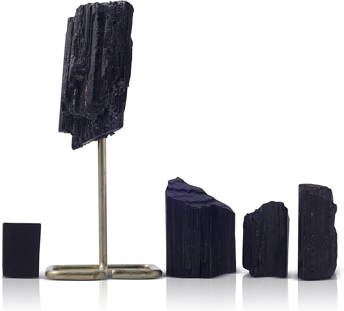 Zodiac Sign Pisces Power Crystal Set of 5- Black Tourmaline for Protection • Alchemy • GROUNDING- 3 Rough Natural Form Healing Stones, 1 Rough Specimen Stone with 1 SHUNGITE Protection Chip