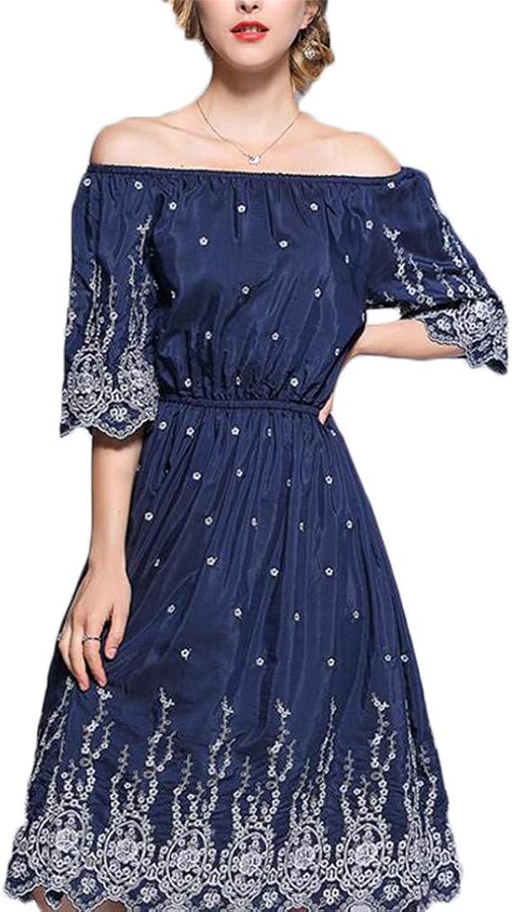 Amazon Co Jp レディース オフショルダー ワンピース 秋 冬 Aライン スリム ロング丈 ハイウエスト 長袖 刺繍 ファション 服 ファッション小物