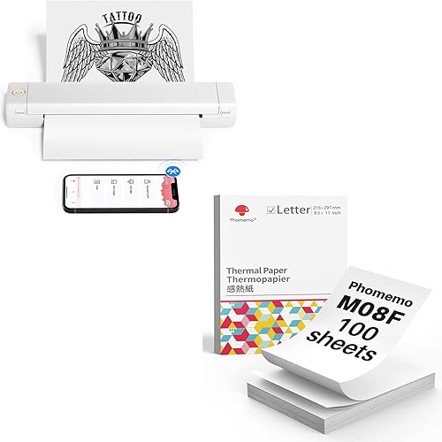 Phomemo M08F - Impresora inalámbrica de plantillas de transferencia de tatuajes y papel térmico plegable con letras estadounidenses, tamaño 8.5 x 11