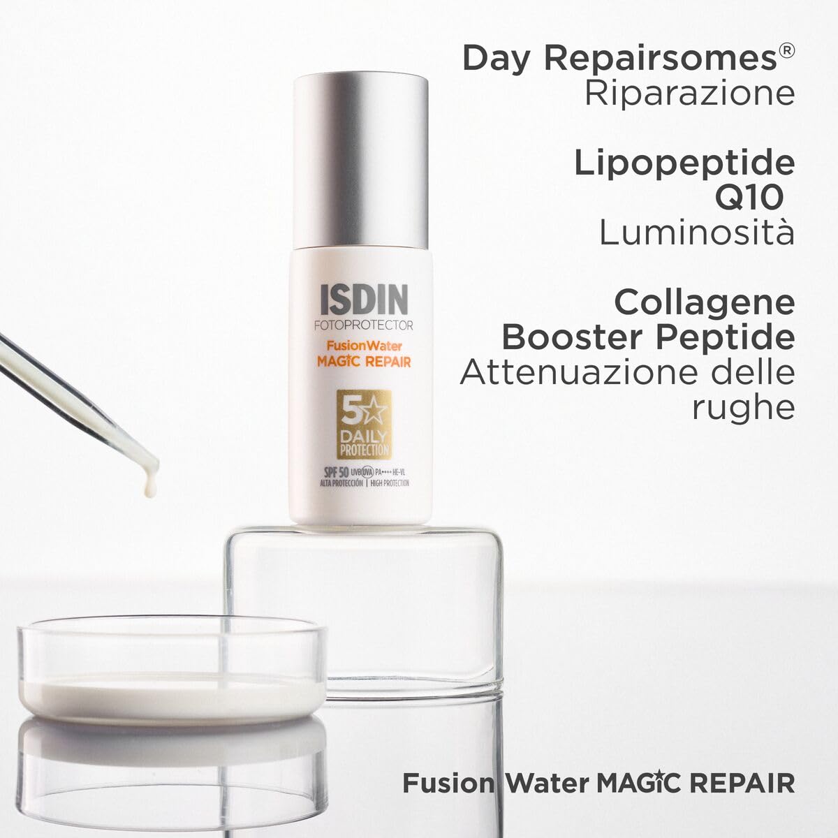 ISDIN Fotoprotector Fusion Water MAGIC Repair SPF 50 (50 ml) | Protezione Solare Viso per Uso Quotidiano | Tripla azione antietà