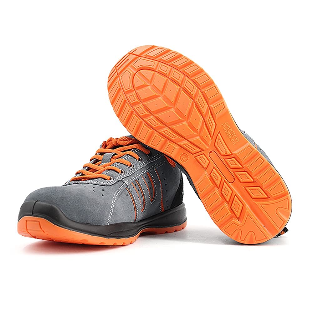 JOMIX Buty ochronne dla mężczyzn i kobiet, buty robocze dla chłopców, antypoślizgowe, wzmocniona końcówka, stal, 04 szary pomarańczowy, 47 EU