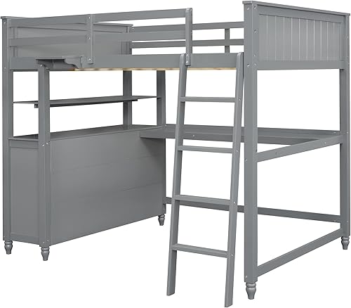 Miniatura 95 de Cama alta funcional tamaño individual con 2 cajones y 2 armarios, base de cama de madera maciza con barandilla de seguridad y escalera de