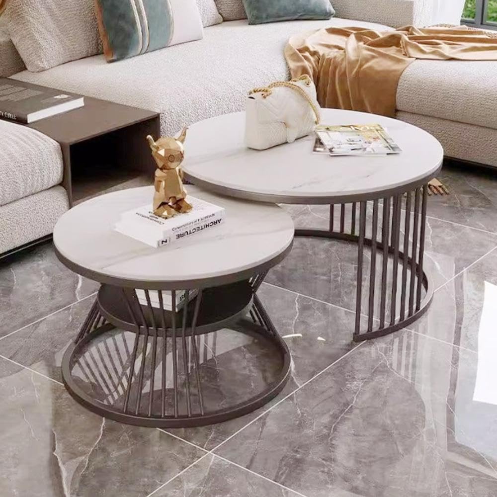 Nesting Coffee Table Set of 2, Modern Center End Tables with Marble Desktop and Metal Frame, Multifunctional Round Side Tea Snacks Table Set for Living Room Reception Room Sofa Parlor Office Couch