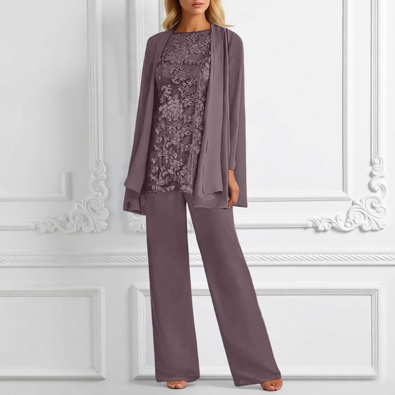 Costume de mère de la mariée pour femme - Pantalon en mousseline de soie - Costume de soirée formelle - Pantalon et chemise - 3 pièces - Couleur unie - Tenue de loisirs - Tenue opaque - Grande taille