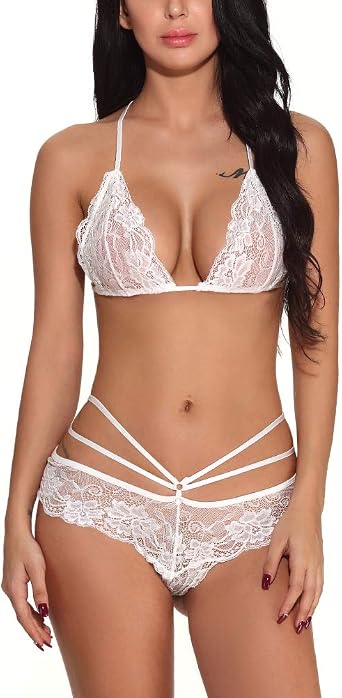 KELITCH Womens Sexy Lace Lingerie Teddy Babydoll 2 Piece Bra Panty Set Lightweight Lingerie Nightwear White L