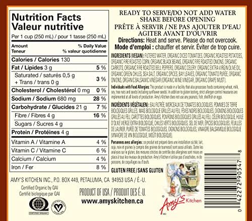 Amy’s Kitchen Fire Roasted Southwestern Vegan Vegetable Soup – Gluten-Free, Dairy-Free, Soy-Free, Kosher, Plant-Based, 398ml Can - 1