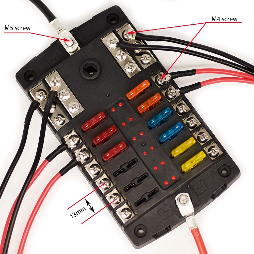 Boîte à fusibles 12 V pour voiture - 12 compartiments - Avec affichage LED - Couvercle de protection et 12 fusibles standard pour voiture, bateau, RV, Van, Suv, camion