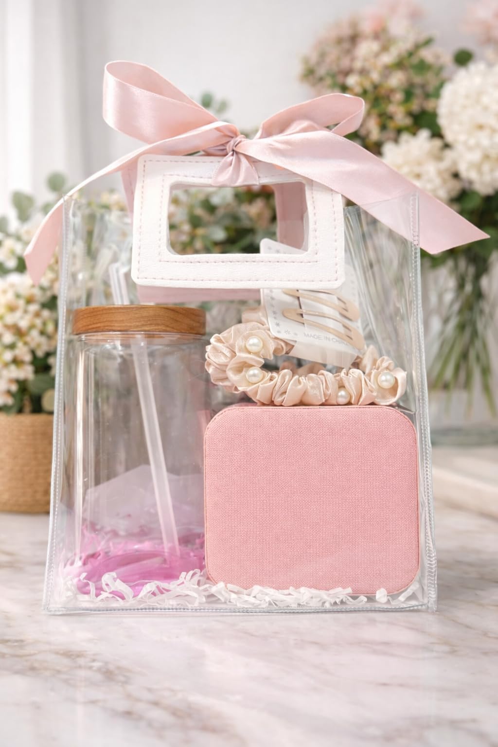 Premium Gift Hamper Set for Women with Glass Tumbler, Jewelry Box, Satin Pearl Scrunchie, Hair Clips & Clear Gift Bag | Birthday Gift for Girls | Pink-image-26
