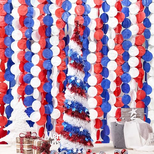 Image of 192Ft Royal Blue Red White Party Decorations Big Circle Dots Tissue Paper Backdrop Streamer Garland for 4th of July American USA National Day Patriotic Veterans Graduation Wedding Birthday Party