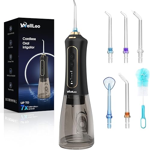 Irrigadores de agua para dientes, irrigador oral inalámbrico recargable de 300 ml, con 5 modos y 5 puntas de chorro, limpiador de dientes IPX7 Negro
