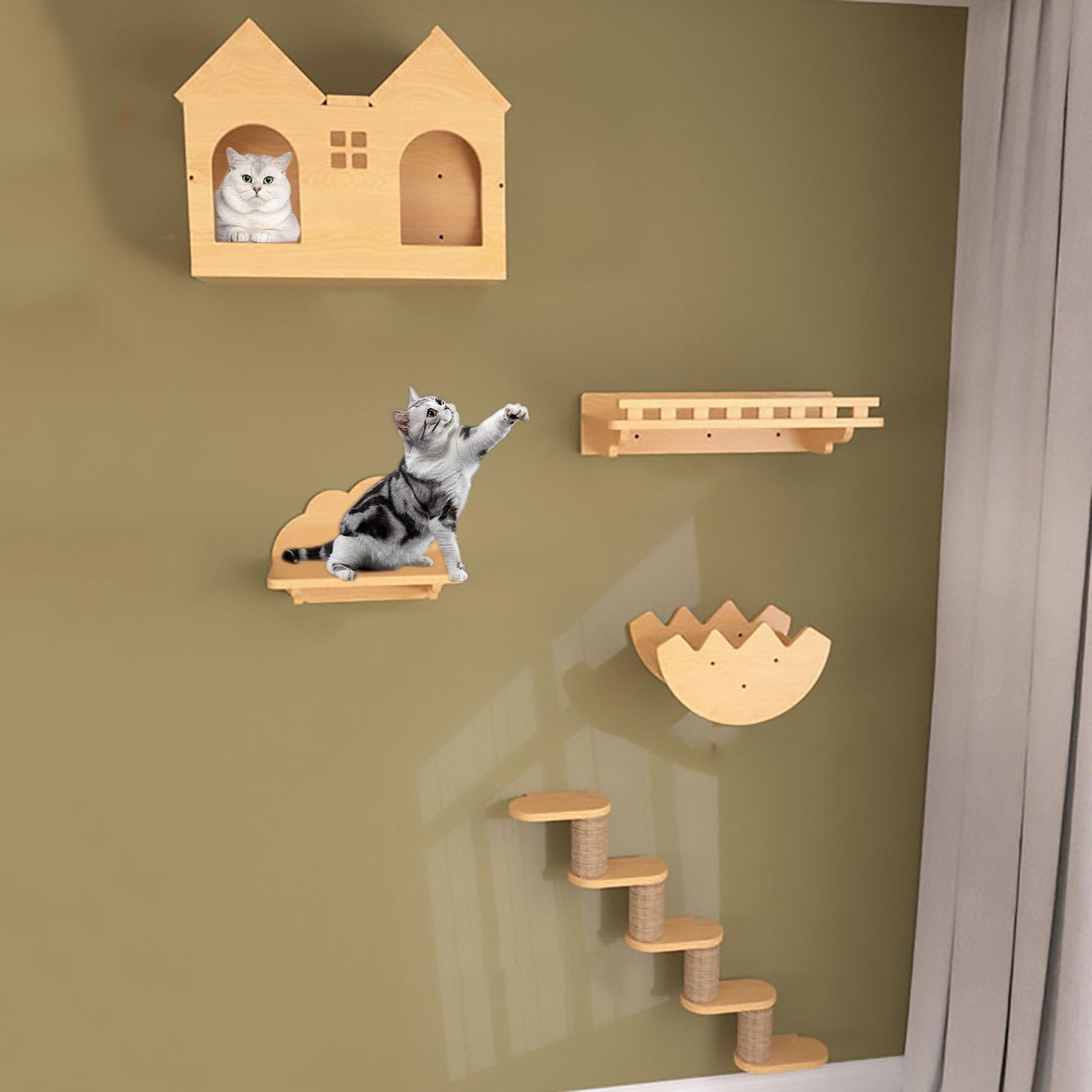 Katzenklettergerüst-Set, Katzenkletterwand aus Massivholz for Schlafen, Spielen und Klettern(Style3)
