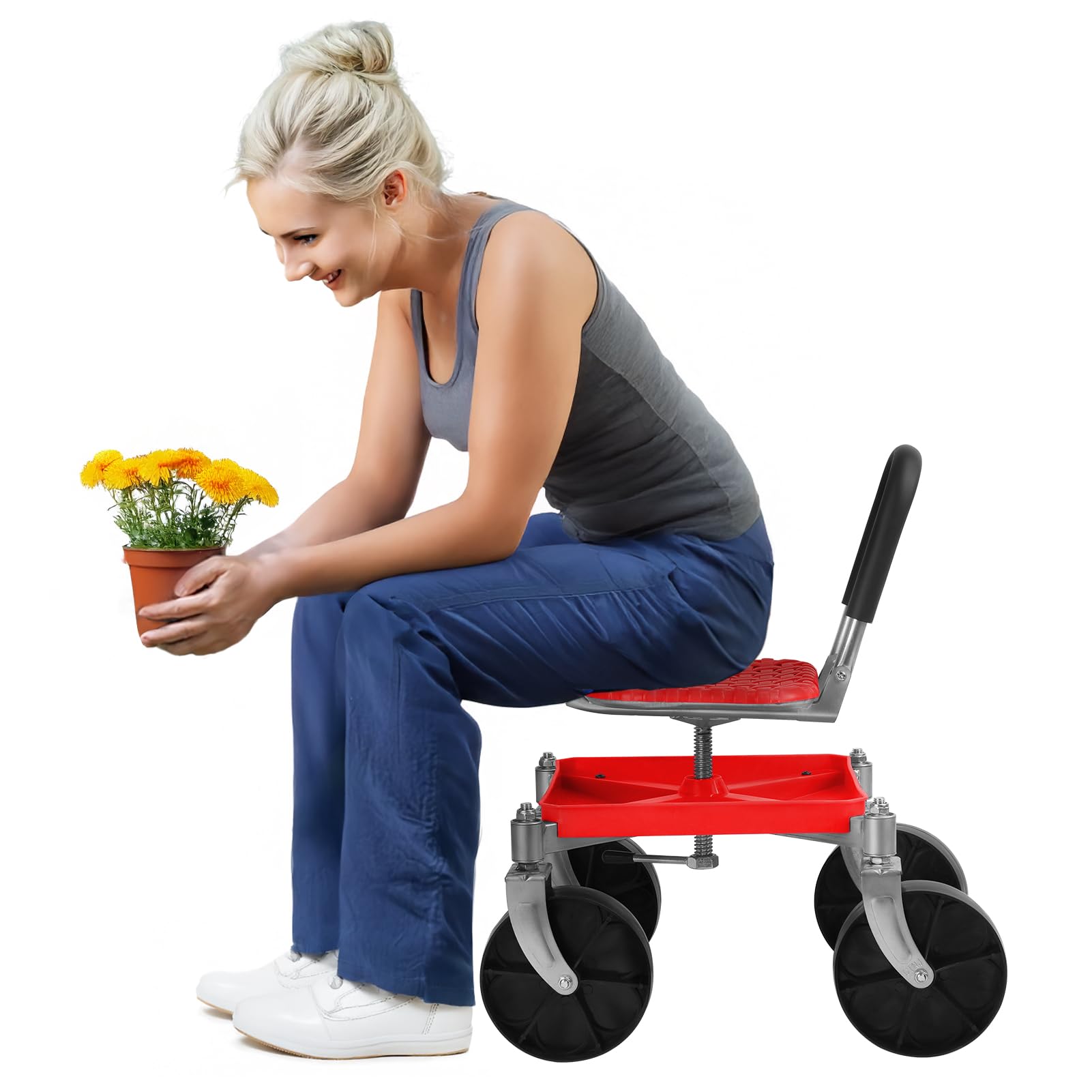nawoefii Rolling Garden Seat, Garden Stool with Wheels, Foldable Gardening Workseat for Seniors, Adjustable Seat Height and Direction, for Outdoor Tasks, Car Detailing Auto Repair (Red)