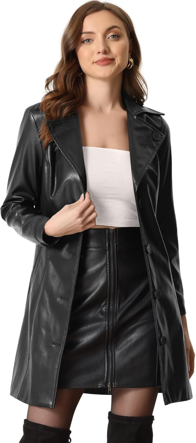 Allegra K Faux Leather Long Jacket for Women's Notched Lapel Collar PU Trench Coat