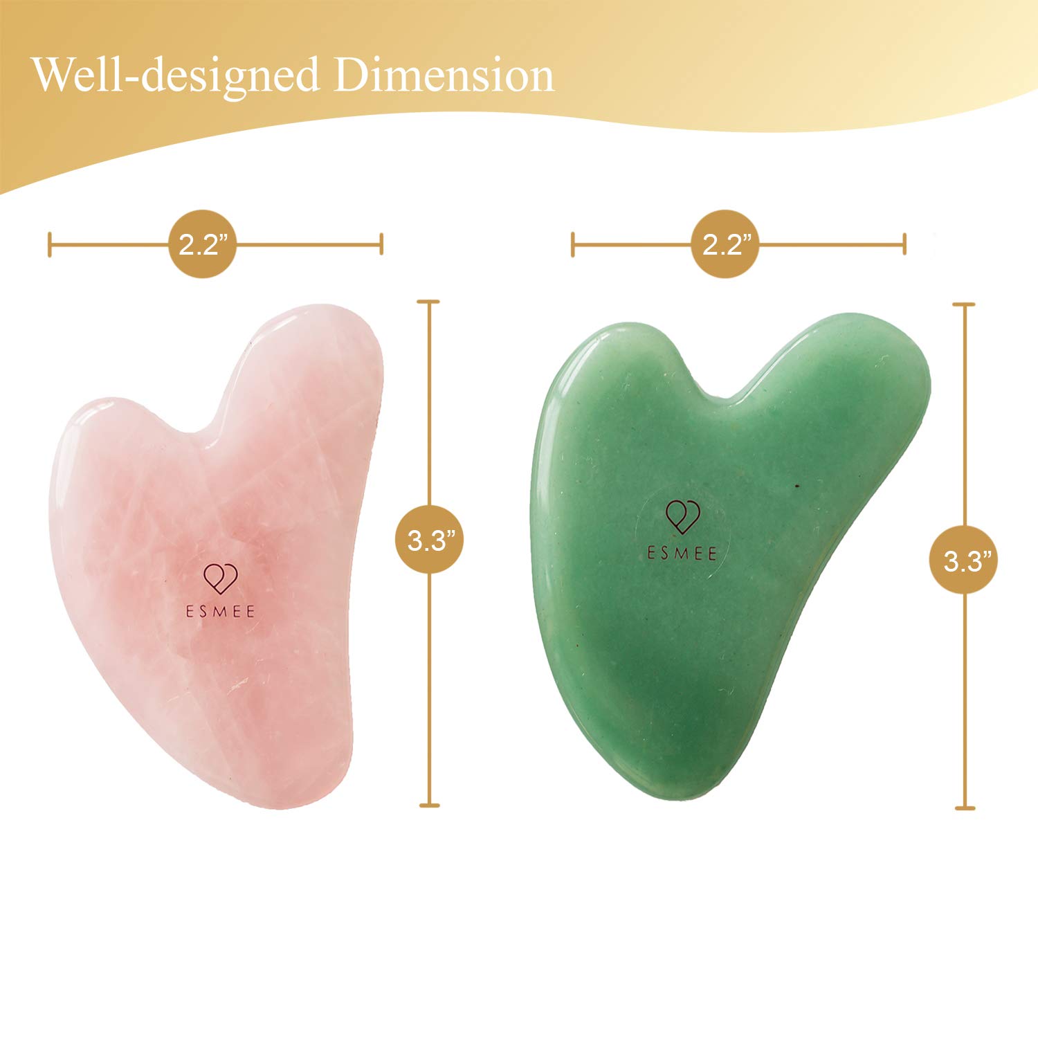 Gua Sha Facial Tool Set by Esmee 2 in 1 Premium Massage Therapy Tools Jade and Rose Quartz Guasha Face Massage Tool Anti-aging Beauty Therapy for Skin Rejuvenation Face Scraping Tools (Heart Shape)