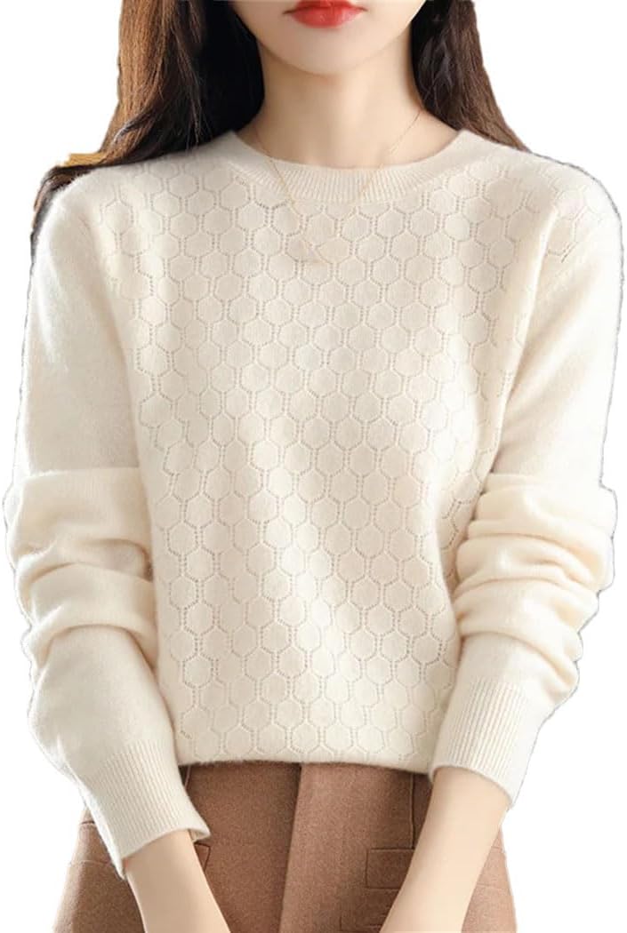 Women's 100% Wool Knit Sweater Crewneck Long Sleeve Hollow Out Pullover Jumper Comfortable Thermal Tops