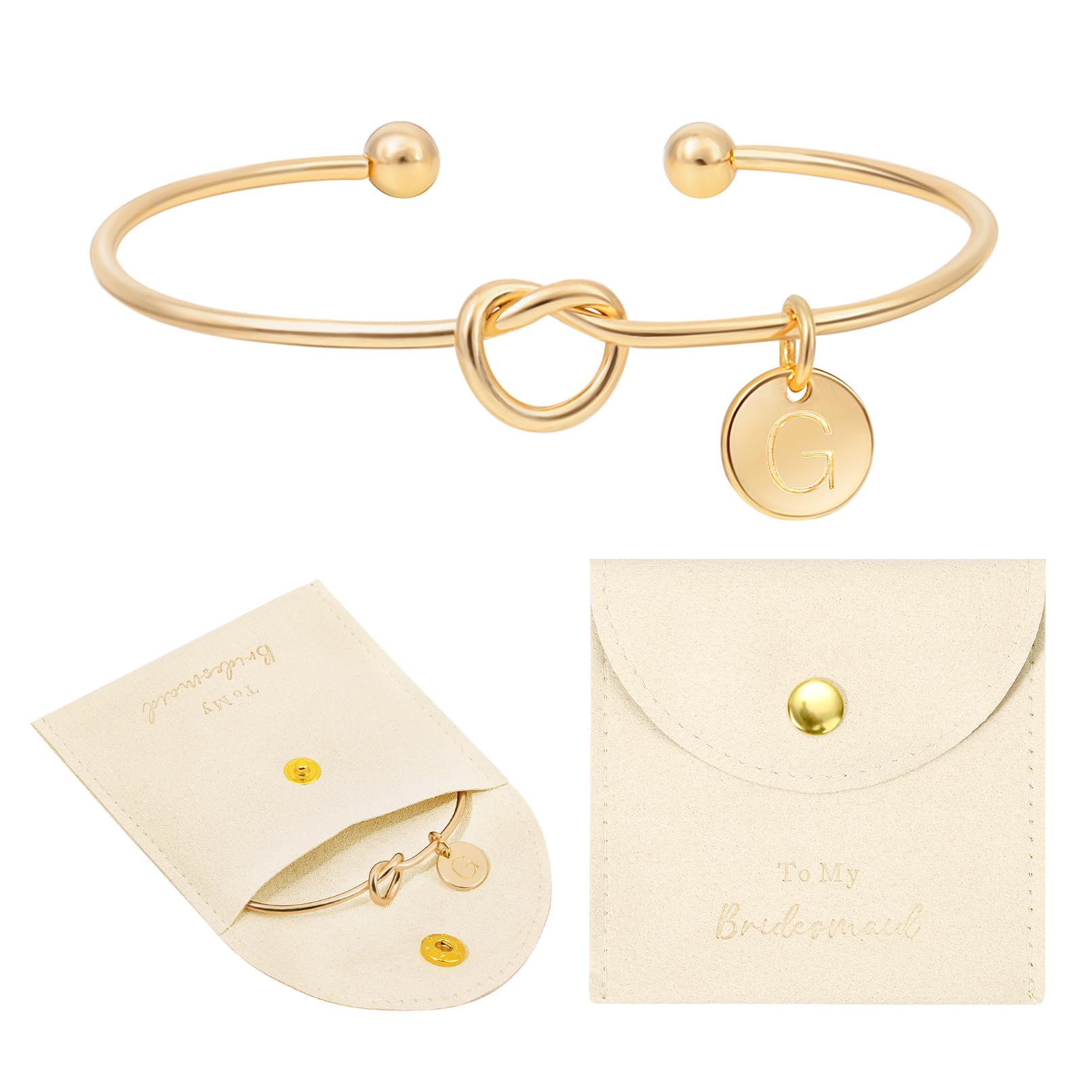 CEELGON Knot Initial Bracelet & Microfiber Jewelry Bags Pouch - Bridesmaid Proposal Gifts for Wedding Day Bridal Party (Beige Gold)