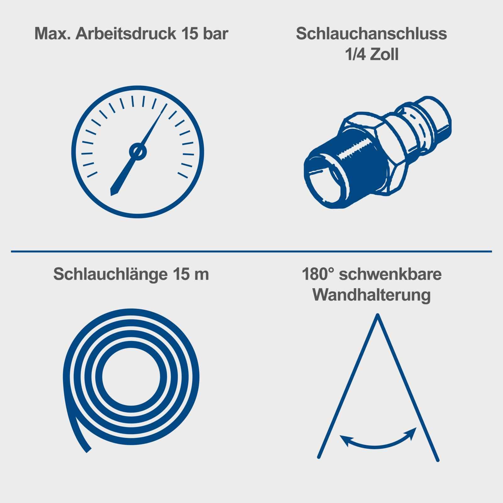 Scheppach 15m Schlauchtrommel Druckluft | 15 bar Arbeitsdruck | Ø 9,3mm innen / 15,3mm außen | 180° schwenkbar | tragbar | mit Auto-Stopp | Automatik Schlauchtrommel AHR15 für Kompressor ¼" Anschluss