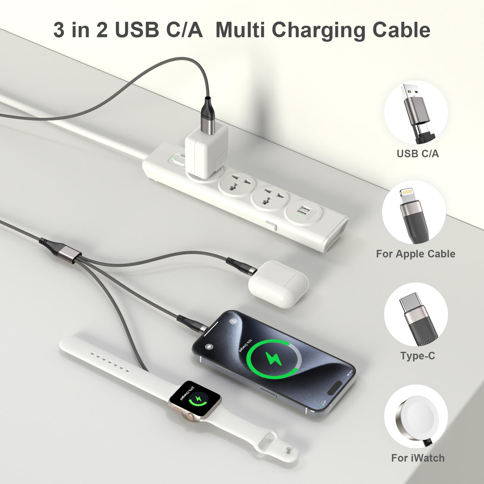 Travel Essentials - Paquete de 2 cables de carga multirápida de 2/6 pies para cargador de Apple Watch/iPhone, cable USB C 3 en 2 USB A/tipo C/Lightning compatible con iWatch Ultra/SE/10-1/iPhone 16-11