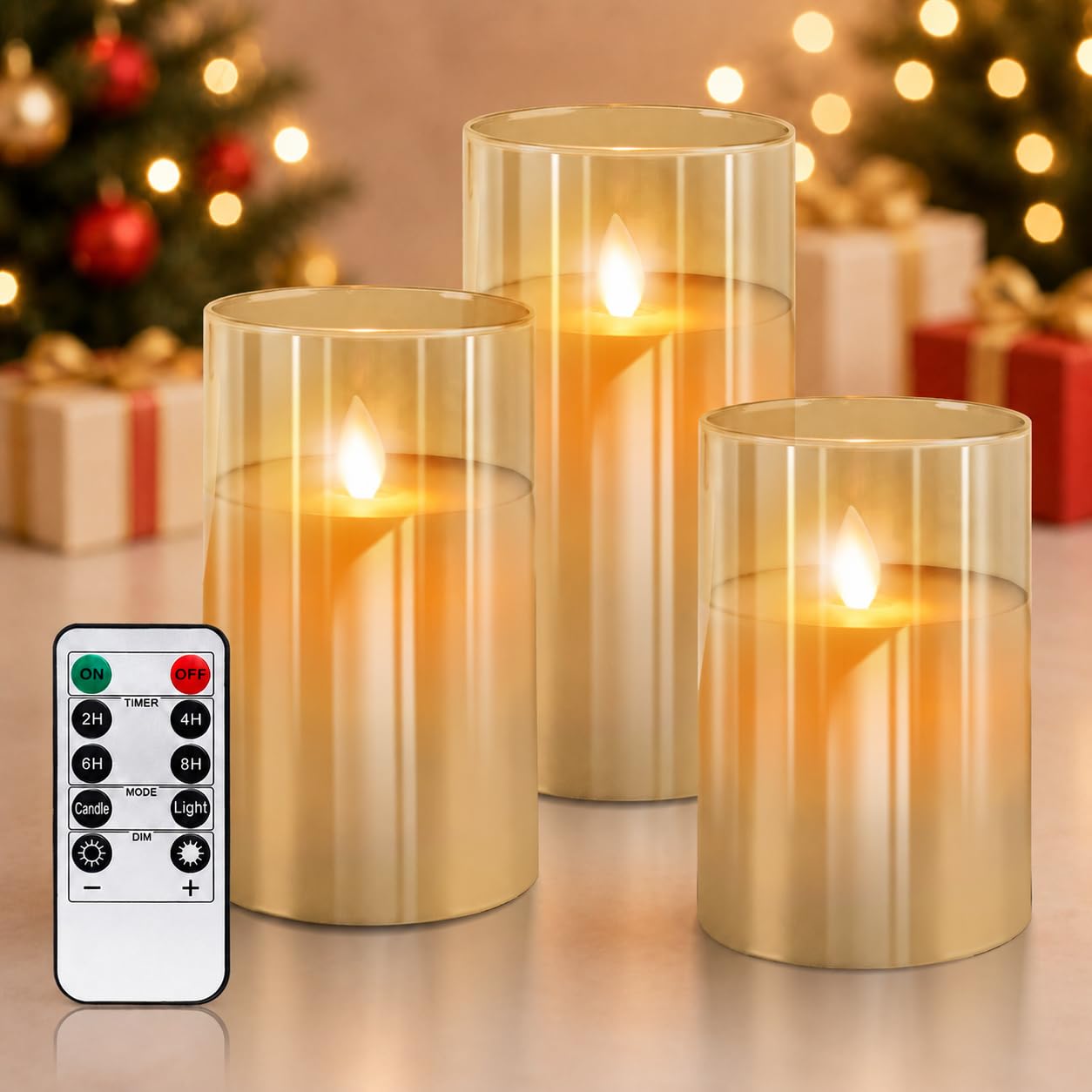 PinnWaa Flameless LED Candles, 3 Pack, Glass, Real Wax, Remote Timer, Gold