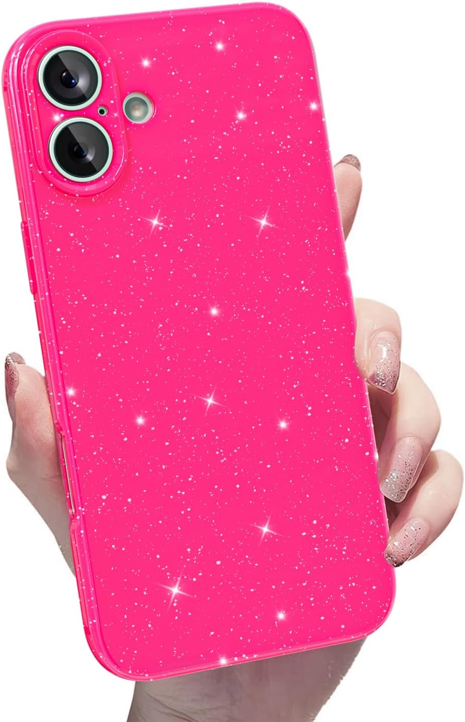 for iPhone 17 Glossy Case,Cute Silicone Bright Glitter Bling Thin Slim Sparkly Case,Soft TPU Gel Jelly Rubber Protective Cover for Women Girl 6.3 inch -Neon Hot Pink
