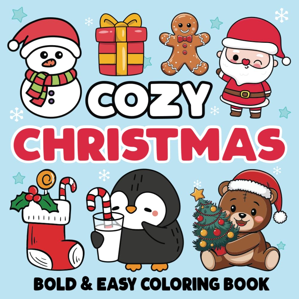 Bold and Easy Christmas Coloring Book: for Adults & Kids Featuring Big and Simple Christmas Designs with Cute Gnome Characters and Festive Cozy Spaces for Relaxation